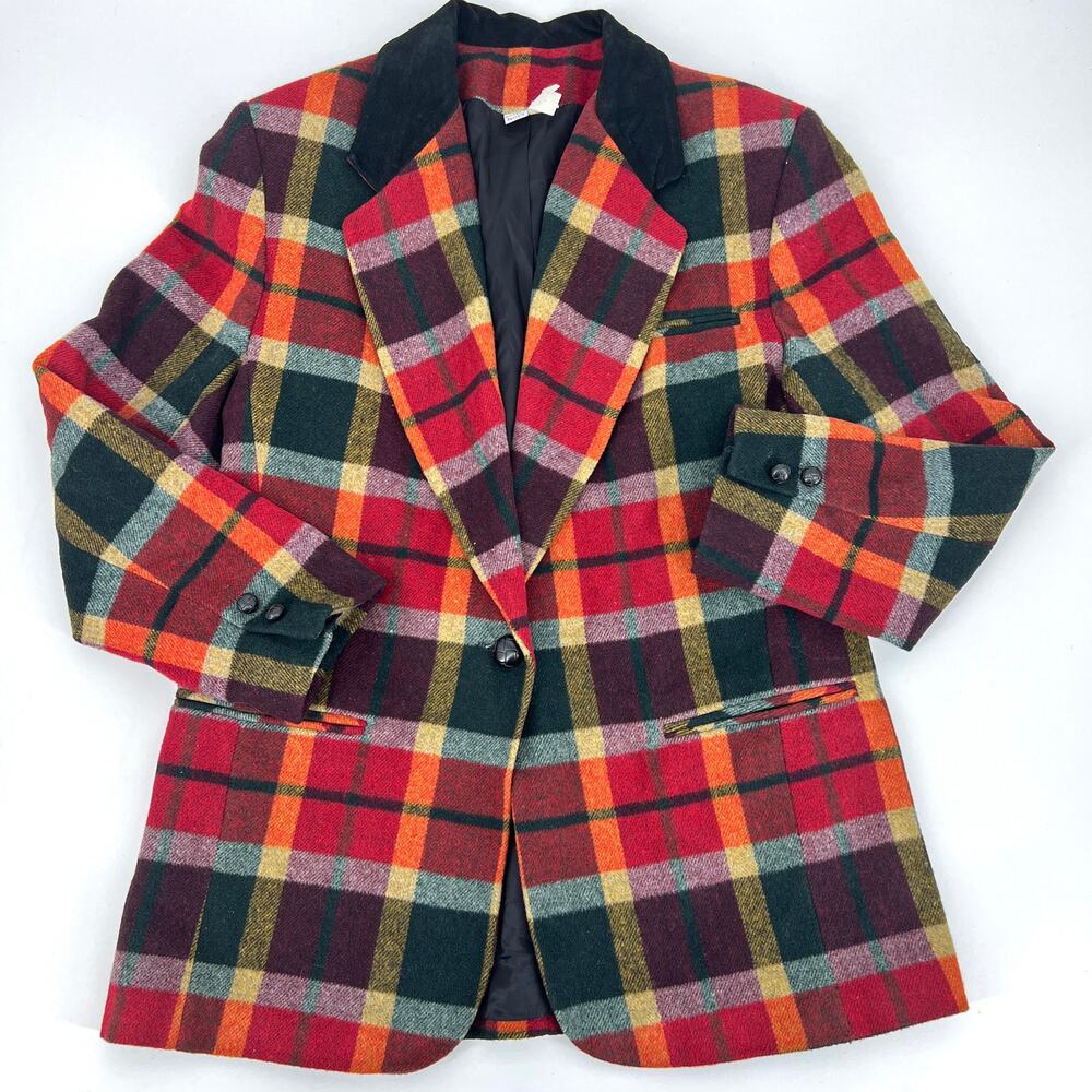 Vintage Ashley Scott Wool Blend Plaid Blazer Velvet Collar Size M Preowned